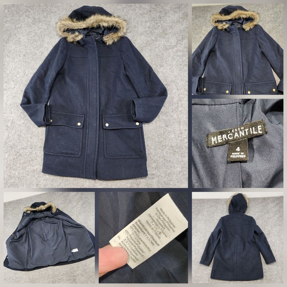 J Crew Womens 4‎ Vail Parka Wool Blend Faux Fur Hooded Jacket Coat Navy Heavy